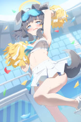 Rule 34 | 1girl, absurdres, animal ears, applepie (12711019), arm up, armpits, black hair, blue archive, blue eyes, breasts, cheerleader, dog ears, dog girl, dog tail, eyewear on head, halo, hibiki (blue archive), hibiki (cheer squad) (blue archive), highres, legs, looking at viewer, midriff, millennium cheerleader outfit (blue archive), navel, open mouth, pom pom (cheerleading), shoes, short hair, sneakers, solo, stadium, sunglasses, sweat, tail, wavy mouth, white footwear