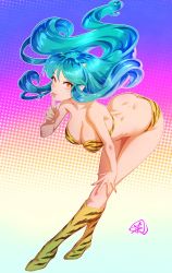 Rule 34 | 1girl, animal print, ass, bent over, bikini, blue background, blue hair, boots, breasts, butt crack, cleavage, commentary request, dimples of venus, fingernails, fujii eishun, full body, gradient background, highres, horns, index finger raised, large breasts, lips, long hair, looking at viewer, lum, multicolored background, oni, orange eyes, pink background, pointy ears, print bikini, print footwear, solo, standing, strapless, strapless bikini, swimsuit, tiger print, urusei yatsura, yellow background, yellow bikini, yellow footwear, yellow horns