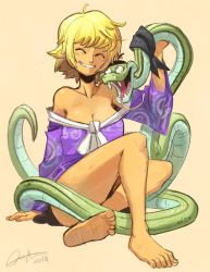 Rule 34 | 10s, 1girl, 2014, amazon lily, amazon warrior, bare shoulders, barefoot, blonde hair, breasts, cleavage, closed eyes, clothes down, dirty, dirty feet, fangs, feet, forked tongue, full body, grin, large breasts, marguerite (one piece), md5 mismatch, one piece, short hair, signature, simple background, sitting, smile, snake, soles, solo, tongue, tyson hesse