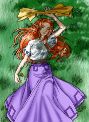 Rule 34 | 1girl, closed eyes, grass, long hair, long skirt, malon, nintendo, pointy ears, red hair, sarah quillian, skirt, sleeping, solo, the legend of zelda, the legend of zelda: ocarina of time, tunic