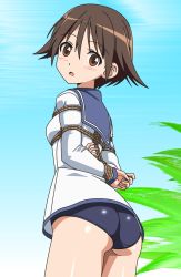 Rule 34 | 1girl, ass, bdsm, blush, bondage, bound, breasts, brown eyes, brown hair, day, dress, highres, looking at viewer, looking back, military, military uniform, miyafuji yoshika, open mouth, palm tree, sailor dress, shaneko, short hair, sky, small breasts, solo, strike witches, swimsuit, tree, uniform, world witches series