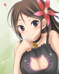 Rule 34 | 10s, 1girl, alternate costume, amagi (kancolle), bare shoulders, bell, neck bell, black bra, blasowa, bra, breasts, brown eyes, brown hair, cat cutout, cat lingerie, head rest, choker, cleavage cutout, close-up, clothing cutout, elbow rest, hair between eyes, hair ornament, jingle bell, kantai collection, large breasts, leaf, leaf hair ornament, long hair, looking at viewer, maple leaf, meme attire, mole, mole under eye, ponytail, smile, solo, underwear, underwear only