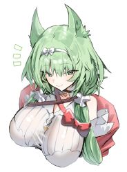 Rule 34 | 1girl, :3, animal ears, arknights, blush, bow, bow hairband, breasts, cat ears, cat girl, closed mouth, commentary request, green eyes, green hair, hair ornament, hairband, harmonie (arknights), highres, horn/wood, large breasts, looking at viewer, low twintails, red bow, shirt, simple background, smile, solo, twintails, upper body, white background, white bow, white hairband, white shirt
