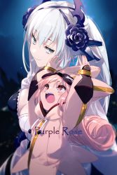 Rule 34 | 2girls, arms up, blue eyes, blush, braid, breasts, button eyes, buttons, cleavage, dress, echo (circa), fate/grand order, fate (series), french braid, grey hair, habetrot (fate), hat, hood, hooded jacket, jacket, large breasts, long hair, long sleeves, morgan le fay (apex) (fate), morgan le fay (fate), multiple girls, open mouth, pink hair, pink headwear, pink jacket, pointy ears, ponytail, red eyes, sidelocks, small breasts, smile, very long hair