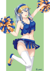 Rule 34 | 1girl, blue eyes, blue hair, blush, breasts, cheerleader, crop top, dancing, gotland (kancolle), hair between eyes, highres, kantai collection, large breasts, long hair, looking at viewer, mole, mole under mouth, navel, open mouth, panties, pleated skirt, pom pom (cheerleading), shirt, shoes, skirt, sleeveless, smile, sneakers, solo, thighhighs, two-tone background, underwear, white thighhighs, yamato (083)