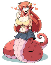 1girl belt breasts cleavage fang heart highres kevin_arthur lamia large_breasts long_hair looking_at_viewer midriff miia_(monster_musume) miniskirt monster_girl monster_musume_no_iru_nichijou navel open_mouth pointy_ears red_hair red_scales scales shirt skirt sleeves_rolled_up slit_pupils smile snake solo straight_hair tail tied_shirt v