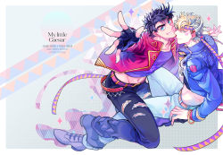 Rule 34 | 2boys, akiae (hayj14), black hair, blonde hair, bloody stream, blue eyes, blue hair, blue jacket, caesar anthonio zeppeli, contemporary, cover, cover page, feather hair ornament, feathers, fingerless gloves, gloves, hair ornament, headband, jacket, jewelry, jojo no kimyou na bouken, joseph joestar, joseph joestar (young), male focus, midriff, multiple boys, official alternate costume, pants, ring, sparkle, torn clothes, torn pants
