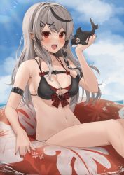 Rule 34 | 1girl, :d, absurdres, animal, animal on hand, armband, bikini, black bikini, black hair, blue sky, blush, breasts, cleavage, cloud, cloudy sky, commentary request, day, ear piercing, grey hair, hair ornament, hanazawa ma, highres, hololive, innertube, inu (sakamata chloe), large breasts, long hair, looking at viewer, multicolored hair, nail polish, navel, open mouth, orca, outdoors, piercing, red eyes, red nails, sakamata chloe, sitting, sky, smile, streaked hair, swim ring, swimsuit, virtual youtuber, x hair ornament