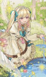 Rule 34 | 1girl, blonde hair, bow, bush, center frills, commentary, cross-laced clothes, cross-laced dress, dress, english commentary, frilled dress, frilled hairband, frills, green bow, hairband, highres, himitsu no valentine daisakusen! (project sekai), holding water, long hair, moro (from m0r0), official alternate costume, official alternate hairstyle, open mouth, piano keys, pink eyes, pink hair, plaid, plaid bow, pleated dress, pond, project sekai, rose bush, sidelocks, smile, solo, sparkle, star (symbol), tarot, tenma saki, the star (tarot), twintails