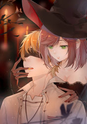 Rule 34 | 1boy, 1girl, absurdres, black dress, black gloves, blindfold, blurry, blurry background, breasts, brown hair, brown jacket, candle, candy, cleavage, dress, food, food in mouth, gloves, green eyes, halloween, halloween costume, hat, highres, jacket, jewelry, long hair, luke pearce (tears of themis), nail polish, necklace, open mouth, red nails, rosa (tears of themis), saliva, shirt, short hair, tears of themis, white shirt, witch, witch hat, zoulangyingzi