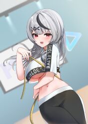 Rule 34 | 1girl, absurdres, alternate costume, black hair, black pants, blush, breasts, cowboy shot, crop top, dutch angle, grey hair, hair ornament, hairclip, highres, hololive, indoors, large breasts, looking at viewer, midriff, multicolored hair, navel, no bra, official alternate costume, open mouth, pants, red eyes, sakamata chloe, shirt, short sleeves, smile, solo, standing, sunano reona, tape measure, two-tone hair, underboob, virtual youtuber, white shirt, yoga pants