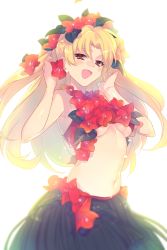 Rule 34 | 1girl, bare shoulders, bikini, bikini top only, blonde hair, blush, breasts, echo (circa), ereshkigal (fate), fate/grand order, fate (series), flower, grass skirt, hair flower, hair ornament, hibiscus, long hair, looking at viewer, medium breasts, navel, open mouth, parted bangs, red bikini, red eyes, simple background, smile, solo, swimsuit, two side up, white background