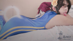 Rule 34 | 1boy, ahegao, alternate costume, androgynous, arm support, ass, black hair, bodysuit, breasts, capcom, chun-li, chun-li (cosplay), cosplay, darkwaifutrap, hairband, highres, huge ass, lips, long hair, looking to the side, lying, on stomach, photo (medium), real life, shiny clothes, skin tight, solo, street fighter, tongue, tongue out, torn clothes, torn legwear, trap, watermark, wide hips
