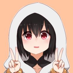 Rule 34 | 1girl, black hair, blush, brown background, collarbone, double v, fate/grand order, fate (series), hair between eyes, hands up, hood, hood up, i.u.y, looking at viewer, open mouth, ortlinde (fate), outline, red eyes, short hair, smile, solo, upper body, v, valkyrie (fate), white outline