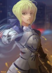 Rule 34 | 1girl, ahoge, armor, armored dress, artoria pendragon (fate), blonde hair, blood, dress, excalibur (fate/stay night), fate/stay night, fate (series), gauntlets, green eyes, invisible air (fate), saber (fate), solo, sword, turn2a, weapon