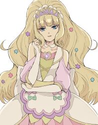 Rule 34 | 1girl, bare shoulders, blonde hair, blue eyes, bridal gauntlets, brooch, cropped legs, cure finale, delicious party precure, hair ornament, head tilt, heart, heart brooch, highres, jewelry, kasai amane, long hair, looking at viewer, magical girl, parted lips, precure, simple background, solo, star (symbol), star hair ornament, sumiko (sumikop), white background
