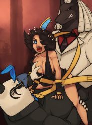 Rule 34 | 1girl, 2boys, 34no404, albus (skullgirls), black dress, black hair, black skin, blue eyes, boy sandwich, breasts, colored skin, cowgirl position, dark skin, doggystyle, double penetration, dress, egyptian, eliza (skullgirls), formal, furry, furry male, furry with non-furry, glasses, grabbing, grabbing another&#039;s breast, group sex, hagoromo, hair over one eye, horace (skullgirls), interspecies, large breasts, mmf threesome, monster, monster boy, monster sex, multiple boys, multiple penetration, ringlets, sandwiched, sex, sex from behind, shawl, short hair, skullgirls, straddling, suit, threesome, tiara