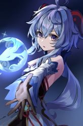 Rule 34 | 1girl, ahoge, bare shoulders, bell, black gloves, blue hair, detached sleeves, ganyu (genshin impact), genshin impact, gloves, highres, horns, long hair, looking at viewer, low ponytail, neck bell, orb, outstretched hand, purple eyes, qilin (mythology), ria wndhi, sidelocks, solo, tassel, upper body, vision (genshin impact), white sleeves