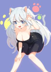 Rule 34 | 1girl, absurdres, animal ear fluff, animal ears, bare legs, black dress, blue background, blue eyes, blush, breasts, cat ears, cat tail, claw pose, cleavage, collarbone, dress, fang, feet out of frame, hair between eyes, highres, leaning forward, long hair, looking at viewer, luke (dydansgur), medium breasts, original, paw print, paw print background, polka dot, polka dot dress, silver hair, simple background, skin fang, smile, solo, tail