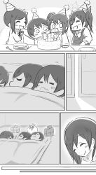 Rule 34 | 10s, 1boy, 3girls, = =, ^ ^, bed, bedroom, black hair, blanket, blush, bow, bowtie, box, butch-tan, cake, christmas, christmas tree, closed eyes, closed eyes, food, fork, fruit, futon, gift, gift box, greyscale, hair bow, hat, highres, indoors, laughing, love live!, love live! school idol project, monochrome, multiple girls, open door, party hat, plate, ribbon, saliva, santa claus, santa costume, santa hat, short hair, sleeping, sliding doors, smile, strawberry, twintails, wide-eyed, yazawa cocoa, yazawa cocoro, yazawa cotaro, yazawa nico