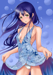 Rule 34 | 10s, 1girl, bare arms, bare legs, bare shoulders, blue dress, blue hair, blush, breasts, cameltoe, cleavage, clothes lift, cowboy shot, dress, dress lift, floral print, long hair, looking at viewer, love live!, love live! school idol festival, love live! school idol project, muffin (sirumeria), panties, parted lips, shiny skin, sideboob, small breasts, solo, sonoda umi, underwear, white panties, yellow eyes