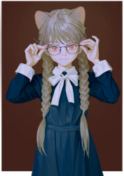 Rule 34 | 1girl, adjusting eyewear, animal ear fluff, animal ears, blue dress, border, bow, bowtie, braid, brown background, cat ears, cat girl, collared dress, cowboy shot, dress, extra ears, feiqizi (fkey), fkey, glasses, grey hair, hands up, highres, long hair, looking at viewer, original, red eyes, smile, solo, straight-on, twin braids, white border, white bow, white bowtie