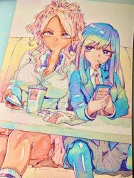 Rule 34 | 2girls, black eyes, blazer, blue hair, breasts, brown eyes, cleavage, commentary request, couch, cup, dark skin, dark-skinned female, disposable cup, fingernails, food, food court de mata ashita, food in mouth, french fries, gradient hair, gyaru, highres, jacket, large breasts, light brown hair, long hair, long sleeves, miniskirt, multicolored hair, multiple girls, nariie shin&#039;ichirou, necktie, pantyhose, pleated skirt, school uniform, shirt, sitting, skirt, straight hair, table, thighs, traditional media, wada (food court), wavy hair, white shirt, yamamoto (food court)