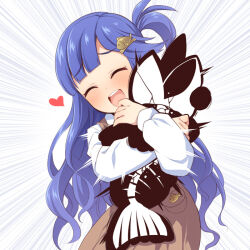 Rule 34 | 1girl, :d, ^ ^, asari nanami, blue hair, blush, brown dress, closed eyes, crack, crushing, dress, emphasis lines, facing viewer, fish hair ornament, fish skeleton, hair ornament, hair rings, hairclip, heart, hugging object, idolmaster, idolmaster cinderella girls, leaning to the side, long sleeves, open mouth, revision, shirt, sleeveless, sleeveless dress, smile, solo, stuffed animal, stuffed fish, stuffed toy, teeth, uccow, upper teeth only, white background, white shirt, x-ray