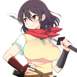 Rule 34 | 1girl, asuka (senran kagura), bandaged arm, bandages, beige sweater, belt, black hair, blush, breasts, bridal gauntlets, brown belt, brown eyes, commentary request, gauntlets, green necktie, hair between eyes, hair down, hand on own hip, holding, holding sword, holding weapon, large breasts, looking to the side, medium hair, necktie, over shoulder, red scarf, scarf, senran kagura, sheath, shirt, short sleeves, sidelocks, simple background, smile, solo, standing, sweater vest, sword, unsheathed, upper body, vest, watarui, weapon, weapon over shoulder, white background, white shirt