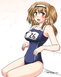 Rule 34 | 10s, 1girl, :d, blush, breasts, brown eyes, collarbone, covered navel, hairband, i-26 (kancolle), kantai collection, large breasts, light blush, light brown hair, long hair, looking at viewer, motomiya ryou, name tag, new school swimsuit, one-piece swimsuit, open mouth, school swimsuit, sitting, smile, solo, swimsuit, twitter username, two-tone hairband, two side up