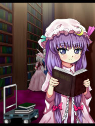 Rule 34 | 3girls, bad id, bad pixiv id, bat wings, blunt bangs, blush, book, book stack, bookshelf, bow, cart, crescent, crescent hair ornament, dress, hair bow, hair ornament, hat, hat ribbon, holding, holding book, indoors, izayoi sakuya, library, long dress, long hair, looking at viewer, looking up, mob cap, multiple girls, open book, outstretched arm, patchouli knowledge, pink bow, pink dress, pointing, pointing up, purple eyes, purple hair, remilia scarlet, ribbon, ribbon trim, robe, sidelocks, silver hair, smile, solo focus, standing, striped clothes, striped dress, tonakai (bunsuka), touhou, wings