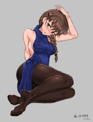 Rule 34 | 10s, 1girl, absurdres, aran sweater, arm support, arm up, artist name, backless dress, backless outfit, bad feet, bare shoulders, black ribbon, blue sweater, blush, braid, breasts, brown eyes, brown hair, cable knit, dress, feet, full body, girls und panzer, grey background, hair between eyes, hair ornament, hair ribbon, hairclip, halterneck, highres, large breasts, long hair, looking at viewer, meme attire, no shoes, parted lips, ribbed sweater, ribbon, rukuriri (girls und panzer), scratching head, sideboob, signature, simple background, single braid, sitting, soles, solo, ssamjang (misosan), sweater, sweater dress, thighs, toes, tress ribbon, turtleneck, turtleneck sweater, twitter username, virgin killer sweater, yokozuwari