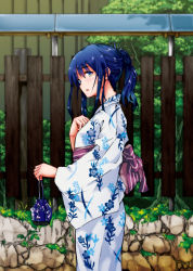 Rule 34 | 1girl, bag, blue eyes, blue hair, blue kimono, day, floral print, folded ponytail, from side, holding, holding bag, japanese clothes, kimono, kinchaku, moko urotarou, obi, original, outdoors, parted lips, ponytail, pouch, print kimono, sash, sidelocks, solo, standing, yukata