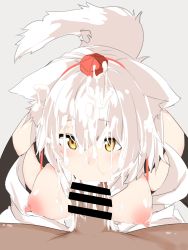 Rule 34 | 1boy, 1girl, animal ears, artist request, breasts, breasts out, censored, cum, cum on hair, facial, fellatio, fox ears, fox girl, fox tail, from above, highres, houkai (collapse illust), inubashiri momiji, large breasts, nipples, oral, penis, pov, short hair, tail, touhou, white hair, yellow eyes