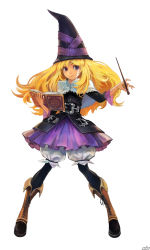 Rule 34 | 1girl, blonde hair, bloomers, book, boots, cross-laced footwear, full body, grimgrimoire, grimoire, hat, holding, holding book, kamitani george, lace-up boots, lillet blan, long hair, nippon ichi, official art, pantyhose, scan, simple background, solo, underwear, vanillaware, wand, witch hat