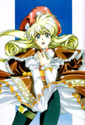 Rule 34 | 1990s (style), 1girl, :o, black pantyhose, blonde hair, blue eyes, blush, bow, brooch, capelet, clothes lift, covering privates, covering crotch, cowboy shot, dress, dress lift, drill hair, frills, gem, glint, gloves, gradient background, hair bow, hairband, hand on own chest, hat, highres, jewelry, langrisser, langrisser 4, langrisser iv, leggings, long hair, looking at viewer, official art, open mouth, panties, panties over pantyhose, pantyhose, pantyshot, puffy sleeves, rachel (langrisser), retro artstyle, ribbon, sash, shiny clothes, side ponytail, solo, spandex, standing, surprised, tricorne, turtleneck, twin drills, underwear, urushihara satoshi, white panties, wind, wind lift, wrist ribbon