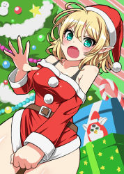 Rule 34 | 1girl, alternate costume, alternate eye color, bare shoulders, belt, blonde hair, blush, box, breasts, candy, christmas ornaments, christmas tree, doll, embarrassed, fang, female focus, food, fuji hyorone, furby, green eyes, hat, medium breasts, mizuhashi parsee, open hand, open mouth, pointy ears, santa costume, santa hat, short hair, skirt, skirt tug, solo, strap, tears, touhou