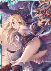 Rule 34 | &gt;:), 1girl, akkijin, armpits, ass, bare shoulders, blonde hair, boots, breasts, dress, feathers, frills, hat, holding, holding staff, holding weapon, looking at viewer, official art, red eyes, shinkai no valkyrie, small breasts, staff, underwear, weapon, witch, witch hat