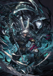 Rule 34 | 1boy, 1other, animal ears, armor, warrior of light (ff14), claws, cloak, final fantasy, final fantasy xiv, highres, hood, kneeling, looking at viewer, open mouth, rabbit ears, reaper (final fantasy), sa-dui, scythe, serious, silver hair, smoke, viera, voidsent