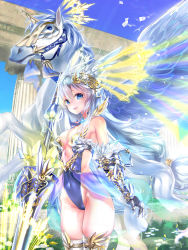Rule 34 | 1girl, bare shoulders, blue eyes, boots, breasts, cameltoe, cleavage, didi amen, gauntlets, highres, jewelry, leotard, medium breasts, pegasus, pendant, shinsou!! valkyrie card, skindentation, solo, standing, sword, thigh boots, thighhighs, weapon, white hair, wings
