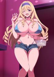 Rule 34 | 0byte, 1girl, bikini, bikini under clothes, blonde hair, breasts, cecilia alcott, covered erect nipples, denim, denim shorts, drill hair, highres, huge breasts, infinite stratos, long hair, one eye closed, shorts, smile, solo, standing, swimsuit, wink