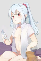 Rule 34 | 1girl, bottomless, breasts, cellphone, highres, long hair, looking at viewer, naked shirt, navel, no bra, open clothes, open mouth, open shirt, original, phone, ponytail, red eyes, revision, scrunchie, sharpheon, shirt, silver hair, sitting, small breasts, smartphone, solo, white shirt