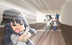 Rule 34 | &gt; &lt;, 3girls, akatsuki (kancolle), alternate costume, amagiri (kancolle), asakaze (kancolle), black hair, blue bow, blue pants, bow, brown hair, commentary request, dated, closed eyes, forehead, glasses, green pants, hallway, hamu koutarou, highres, kantai collection, light beam, long hair, multiple girls, one-hour drawing challenge, open mouth, pants, shirt, t-shirt, track pants, translation request, white shirt