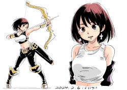 Rule 34 | 1girl, absurdres, aiming, arrow (projectile), bare shoulders, belt, black eyes, black pants, bow (weapon), brown hair, collarbone, commentary, cross, cross earrings, dated, earrings, full body, hari tabo42, highres, holding, holding arrow, holding bow (weapon), holding weapon, jewelry, looking at viewer, looking to the side, midriff, multiple views, navel, one eye closed, original, pants, quiver, short hair, signature, simple background, standing, tank top, upper body, weapon, white background, white tank top
