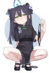 Rule 34 | 1girl, aged down, animal ear fluff, animal ears, black dress, black footwear, black hair, black panties, blue archive, blush, bow, child, closed mouth, commentary request, dress, full body, green bow, green eyes, grey background, hair between eyes, half-closed eyes, halo, holding, holding clothes, holding panties, holding underwear, long hair, panties, unworn panties, pelvic curtain, shamonabe, shoes, short sleeves, shun (blue archive), shun (small) (blue archive), side-tie panties, smile, solo, spread legs, squatting, thighhighs, tiptoes, twintails, two-tone background, underwear, white background, white thighhighs