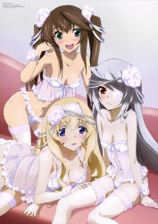 Rule 34 | 10s, 3girls, :d, absurdres, babydoll, bare shoulders, blonde hair, blue eyes, blush, breasts, brown hair, cecilia alcott, cleavage, corset, eyepatch, frilled legwear, green eyes, hair ornament, highres, huang lingyin, infinite stratos, kneeling, kondou natsuko, laura bodewig, lingerie, long hair, long legs, looking at viewer, lying, multiple girls, navel, negligee, official art, on side, open mouth, panties, red eyes, see-through, sidelocks, silver hair, small breasts, smile, thighhighs, twintails, underwear, very long hair, white legwear, white panties