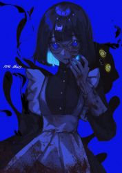 Rule 34 | 1girl, :3, @ @, apron, black hair, blood, blood on clothes, blood on face, blood on hands, blue background, blue eyes, blue hair, bob cut, closed mouth, colored inner hair, cowboy shot, creature, creature on shoulder, eyebrows hidden by hair, glasses, hand to own mouth, hand up, highres, light blue hair, looking at viewer, maid, maid apron, maidhao, multicolored hair, on shoulder, original, round eyewear, short hair, signature, simple background, solo