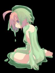 Rule 34 | 1girl, ahoge, ass, blue eyes, born freaks!, game cg, lowres, nude, red hair, simple background, slime, solo, uracil