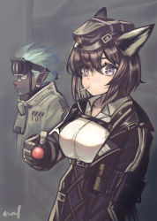 Rule 34 | 1boy, 1girl, animal ears, arknights, artist name, bandaid, bandaid on face, bandaid on nose, black headwear, black jacket, blue hair, breast strap, candy, dark skin, dur-nar (arknights), ethan (arknights), food, food in mouth, fox ears, giving, hat, highres, jacket, lollipop, long sleeves, looking at viewer, open clothes, open jacket, purple eyes, purple hair, short hair, signature, upper body, wanko (realsight), white jacket