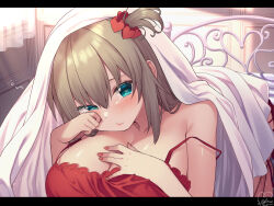 Rule 34 | 1girl, akai haato, aqua eyes, bed, blanket, blonde hair, blush, breasts, camisole, cleavage, closed mouth, collarbone, commentary request, hair ornament, heart, heart hair ornament, highres, hololive, indoors, large breasts, letterboxed, long hair, looking at viewer, magowasabi, nail polish, on bed, red camisole, rubbing eyes, side ponytail, signature, sleepwear, solo, strap slip, sunlight, virtual youtuber, waking up